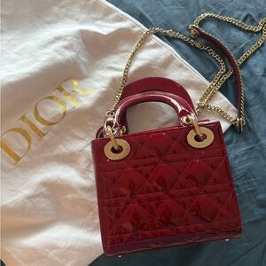 Dior Patent Mini Lady Dior with Gold Chain in Cherry Red